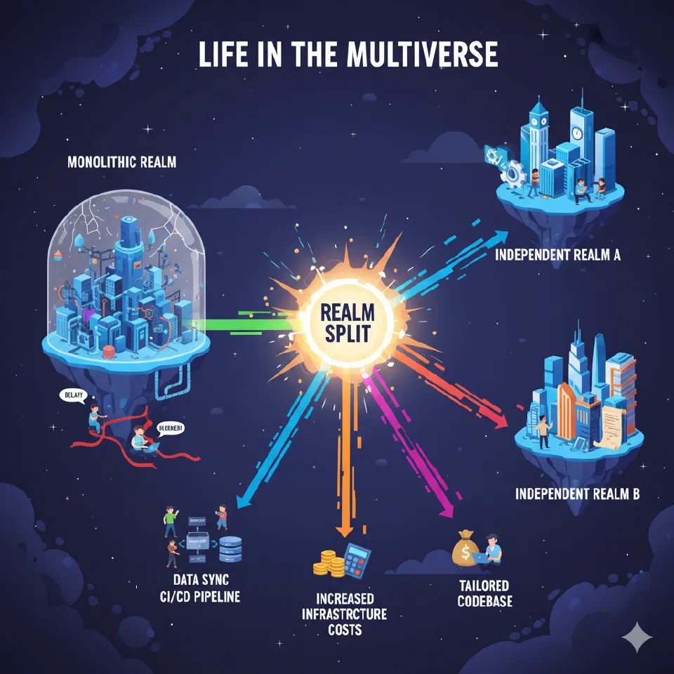 Illustration of a central SFCC realm splitting into multiple autonomous, interconnected realms.