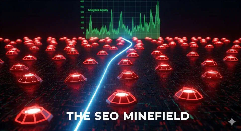 Illustration of a team navigating an SEO minefield during a high-stakes site migration.