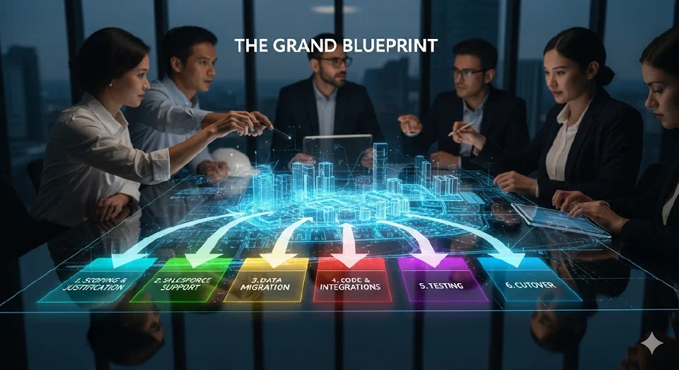 Team collaborating around a holographic blueprint for a phased realm split migration.