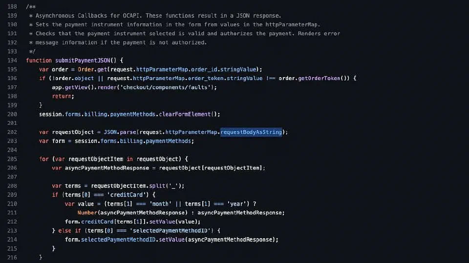 Example code in SiteGenesis of accessing the Request Body in the COPlaceOrder controller.