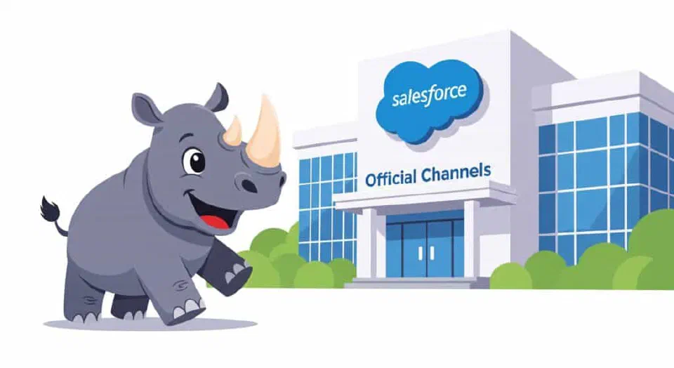 Friendly rhino in 2D flat cartoon style walks toward an official building with a cloud logo, representing trusted official channels