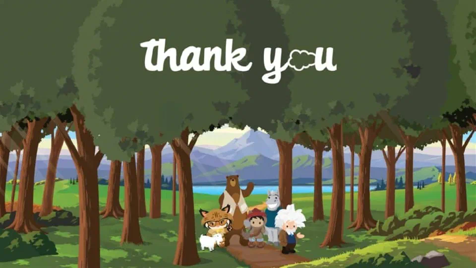A drawing of Salesforce mascots waving with a 'Thank You' message.