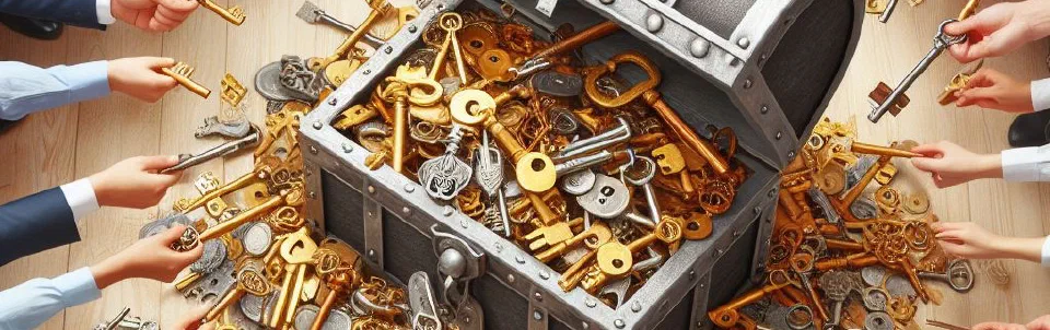 People grabbing keys from a treasure chest