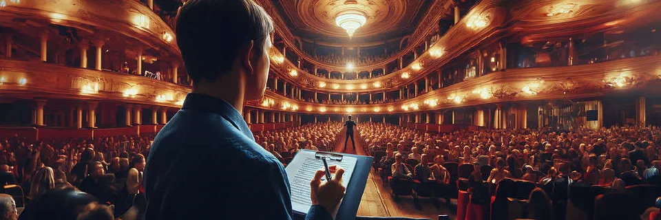 Someone on the stage of an opera house auditing the audience. This represents making account manager secure by doing regular audits.