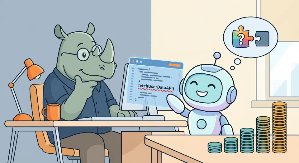 A cartoon robot assistant smiles while presenting code with a hidden syntax error, next to a rising stack of coins representing climbing token cost.