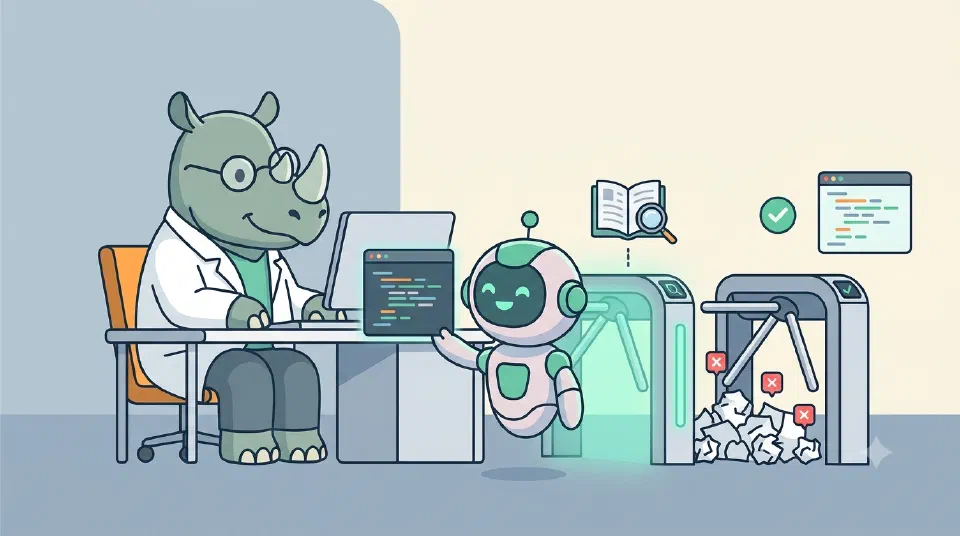 A cartoon robot assistant hands off finished code at a glowing checkpoint gate, with a discarded pile of rejected pages behind the one that failed.