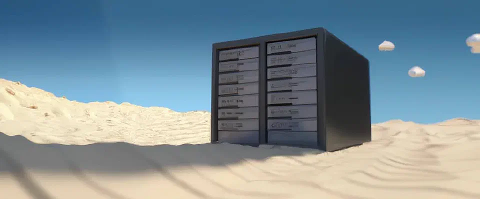 A lone server rack illustrated in a desert landscape, representing an isolated sandbox environment.