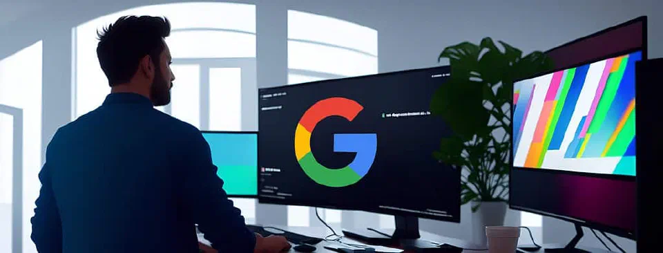 SEO Specialist reviewing search visibility results on a monitor showing the Google logo.