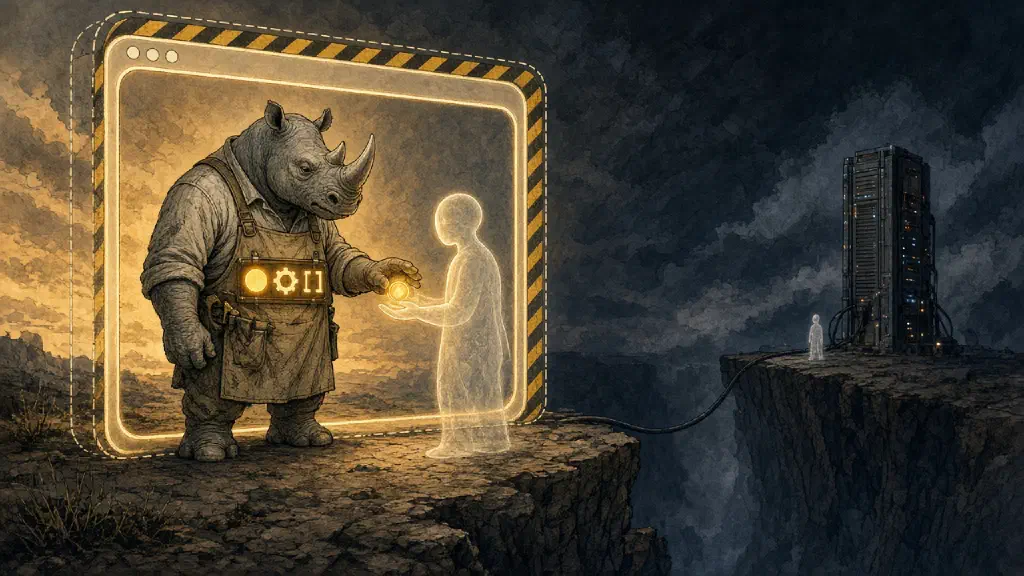 A rhino hands a glowing tool straight to an agent inside a browser window, with a distant server tower across a chasm