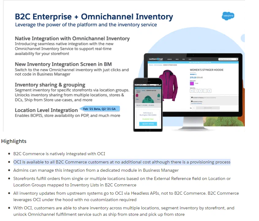 Quip note highlighting that OCI is included for B2C Commerce customers.