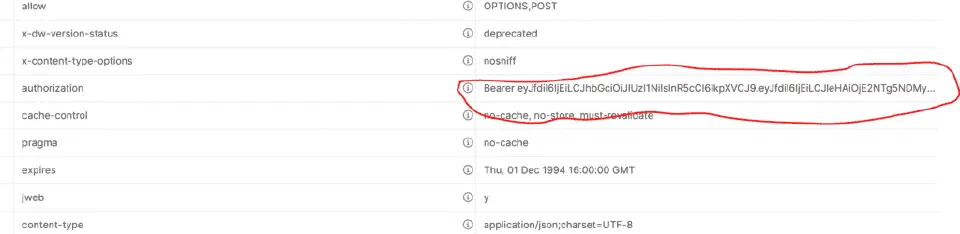 Authorization header containing the OCAPI bearer token in Postman.