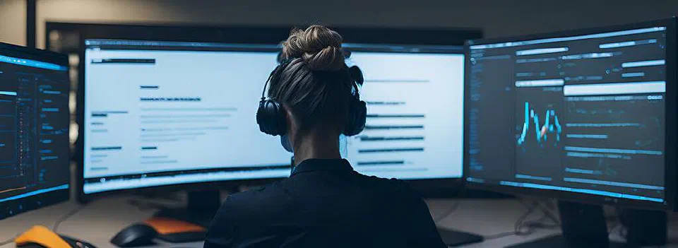 A developer wearing headphones working across two monitors.