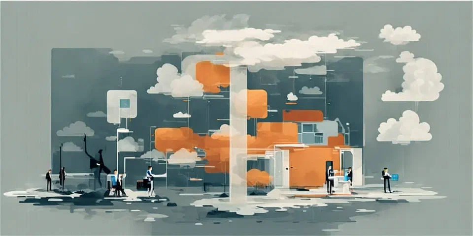 An illustration of blurry systems connected in the clouds. It illustrates the path to the architect.