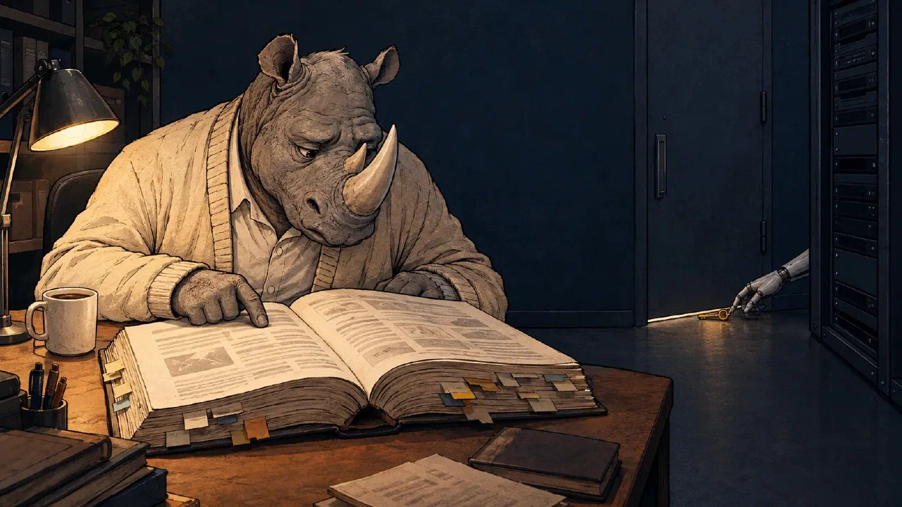 A cartoon rhino at a desk reading a thick manual while a robot hand slides a key under a server room door.