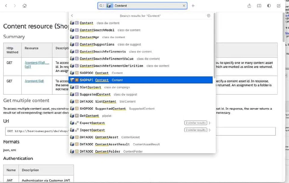 Dash app indexing the B2C Commerce API documentation for offline lookup.