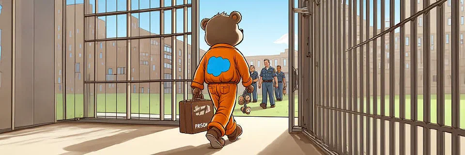 A bear wearing an orange prison jumpsuit with a blue cloud logo on the back, walks into a prison with several guards waiting for it.
