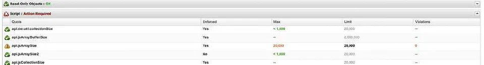 A screenshot of the Business Manager. The system is warning that the quota limit for the array size has been reached.
