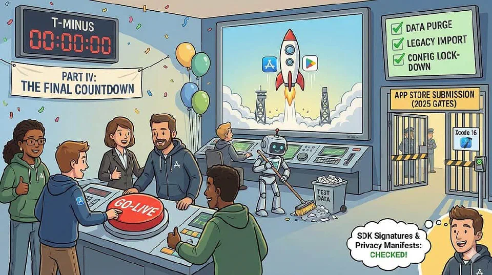 A cartoon illustration shows a team of four people in a control room celebrating as one presses a large red 'GO-LIVE' button. A digital timer reads 'T-MINUS 00:00:00' and confetti falls. On a large screen, a rocket with Apple App Store and Google Play logos launches. A checklist on the wall shows green ticks for 'DATA PURGE,' 'LEGACY IMPORT,' and 'CONFIG LOCK-DOWN.' A robot sweeps 'TEST DATA' into a bin. To the right, a gate labeled 'APP STORE SUBMISSION (2025 GATES)' is open, with 'Xcode 16' visible. A character in the foreground thinks, 'SDK Signatures & Privacy Manifests: CHECKED!'.