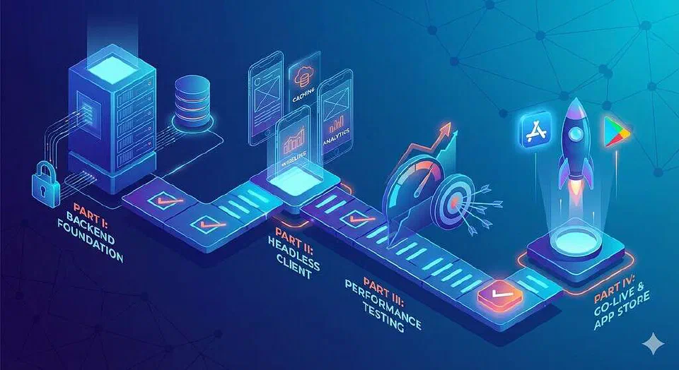 Isometric illustration of a four-stage technical process pipeline. Part I: 'Backend Foundation' shows a server rack, a database, and a padlock. Part II: 'Headless Client' displays mobile phones with screens showing 'CACHING,' 'ANALYTICS,' and 'WIRELESS' icons. Part III: 'Performance Testing' features a speedometer and a target with arrows. Part IV: 'Go-Live & App Store' has a rocket launching from a platform towards the Apple App Store and Google Play store logos.
