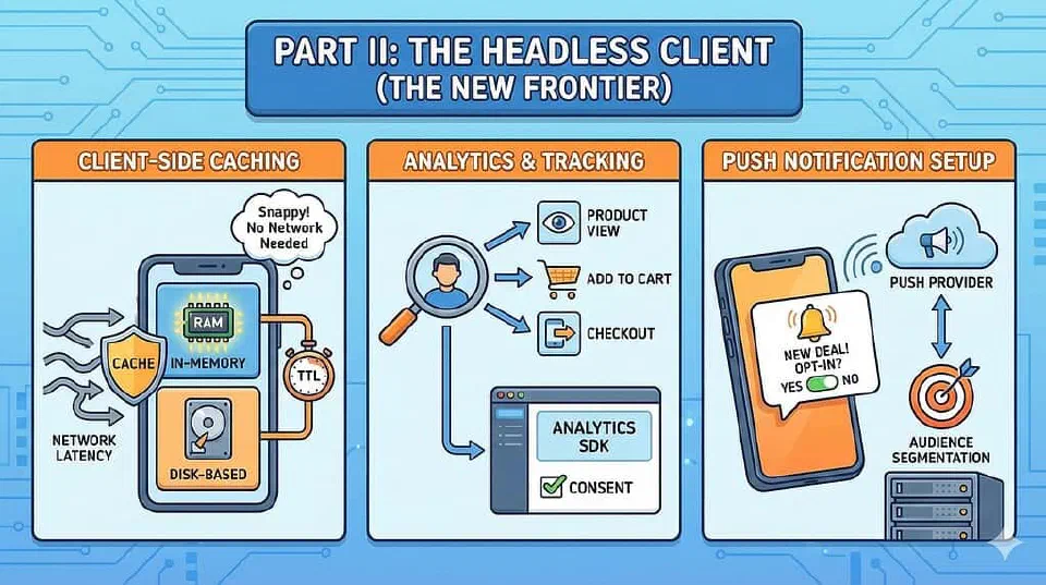 A cartoon infographic titled 'PART II: THE HEADLESS CLIENT (THE NEW FRONTIER)'. It has three panels. The left panel, 'CLIENT-SIDE CACHING', shows a smartphone with RAM ('IN-MEMORY') and a hard drive ('DISK-BASED') protected by a 'CACHE' shield from 'NETWORK LATENCY' arrows. A timer ('TTL') is connected, and a bubble says 'Snappy! No Network Needed'. The middle panel, 'ANALYTICS & TRACKING', shows a user icon with a magnifying glass, with arrows pointing to 'PRODUCT VIEW', 'ADD TO CART', and 'CHECKOUT' icons, leading to an 'ANALYTICS SDK' window with a 'CONSENT' checkbox. The right panel, 'PUSH NOTIFICATION SETUP', shows a smartphone with a 'NEW DEAL! OPT-IN?' notification and a 'YES/NO' toggle. A 'PUSH PROVIDER' cloud sends a signal to an 'AUDIENCE SEGMENTATION' target on a server rack. The background is a circuit board pattern.
